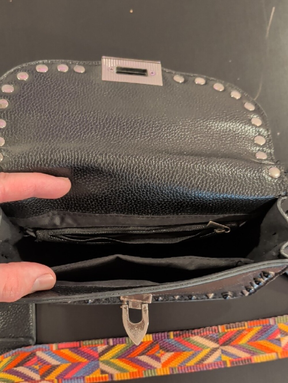 Studded Black Leather Crossbody Bag with Colorful Strap - Picture 2 of 3